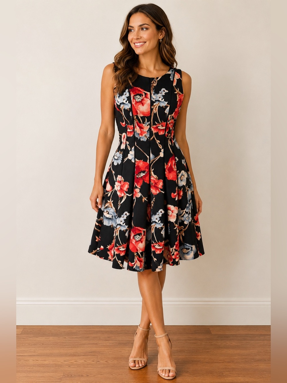 White House Black Market Floral Fit & Flare Dress Black Red Sleeveless Size 10